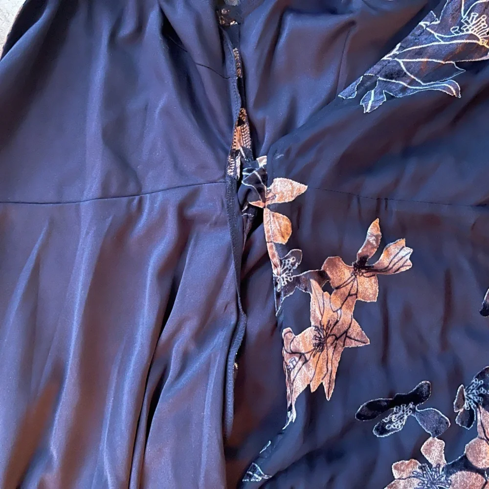 Lulus Navy Floral High Low Feminine Flowy Midi Dress Velvet Detail | Small NWT